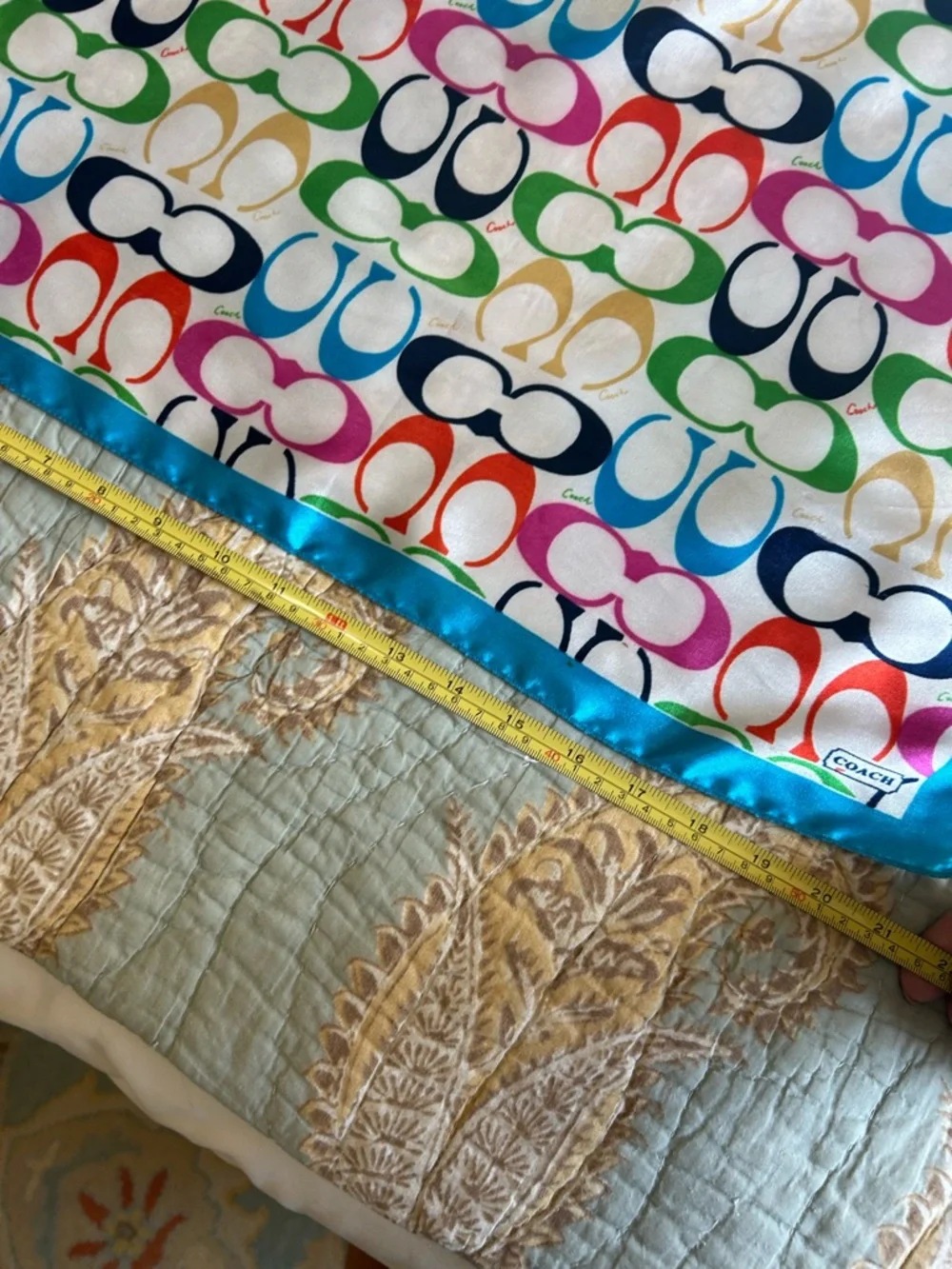 Vintage Coach Turquoise-Edged Multicolor Logo Silk Scarf - Picture 7 of 7